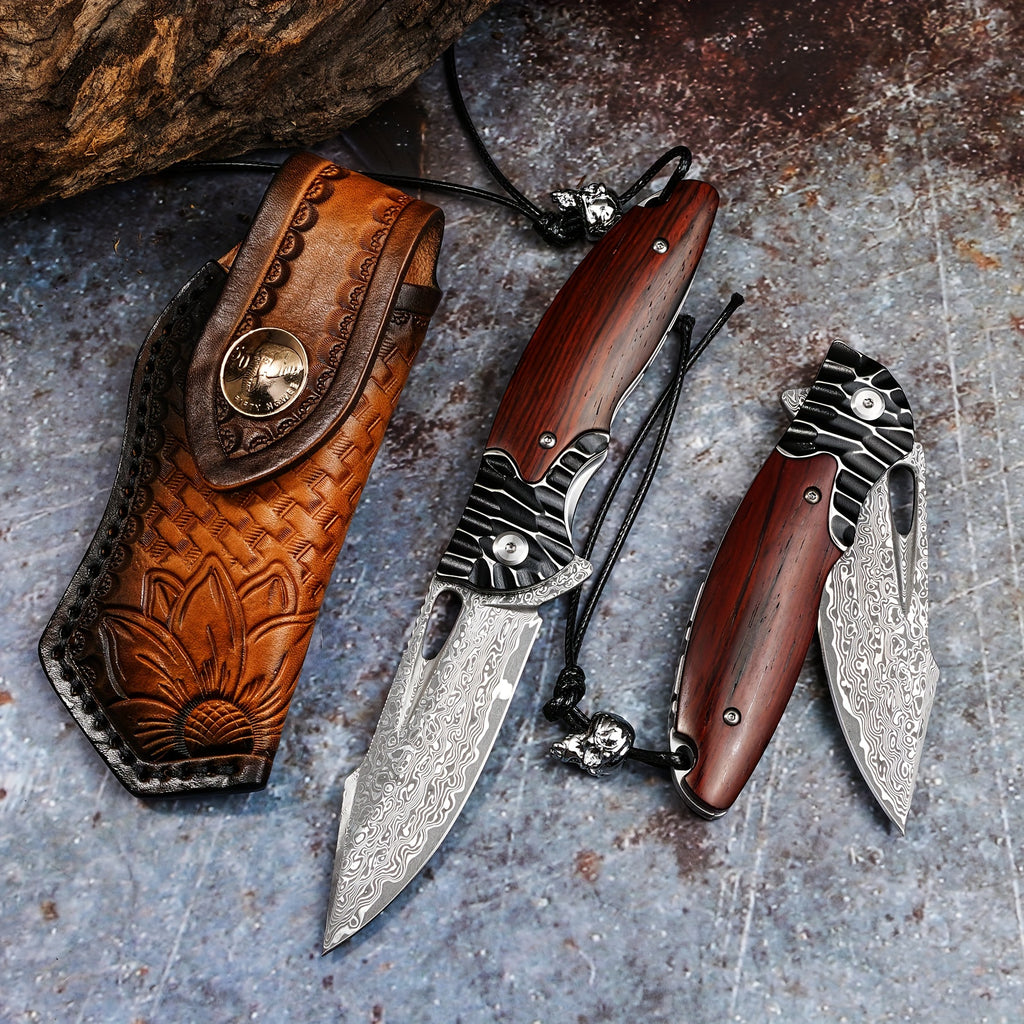 1PCS Damascus Steel Folding Pocket Knife - High-Carbon VG10 Steel Core Blade, RoseWood Handle, Leather Sheath, Compact EDC Tool for Outdoor Camping and Hiking Adventures