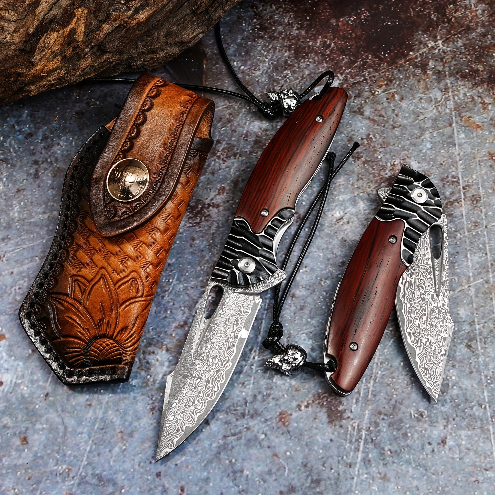 1PCS Damascus Steel Folding Pocket Knife - High-Carbon VG10 Steel Core Blade, RoseWood Handle, Leather Sheath, Compact EDC Tool for Outdoor Camping and Hiking Adventures