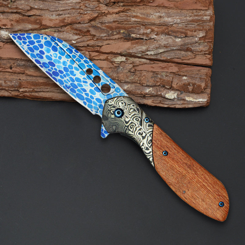 Blue Patterned Wood Damascus Pocket Knife with Clip, Camping, Carving, Fishing, Hiking