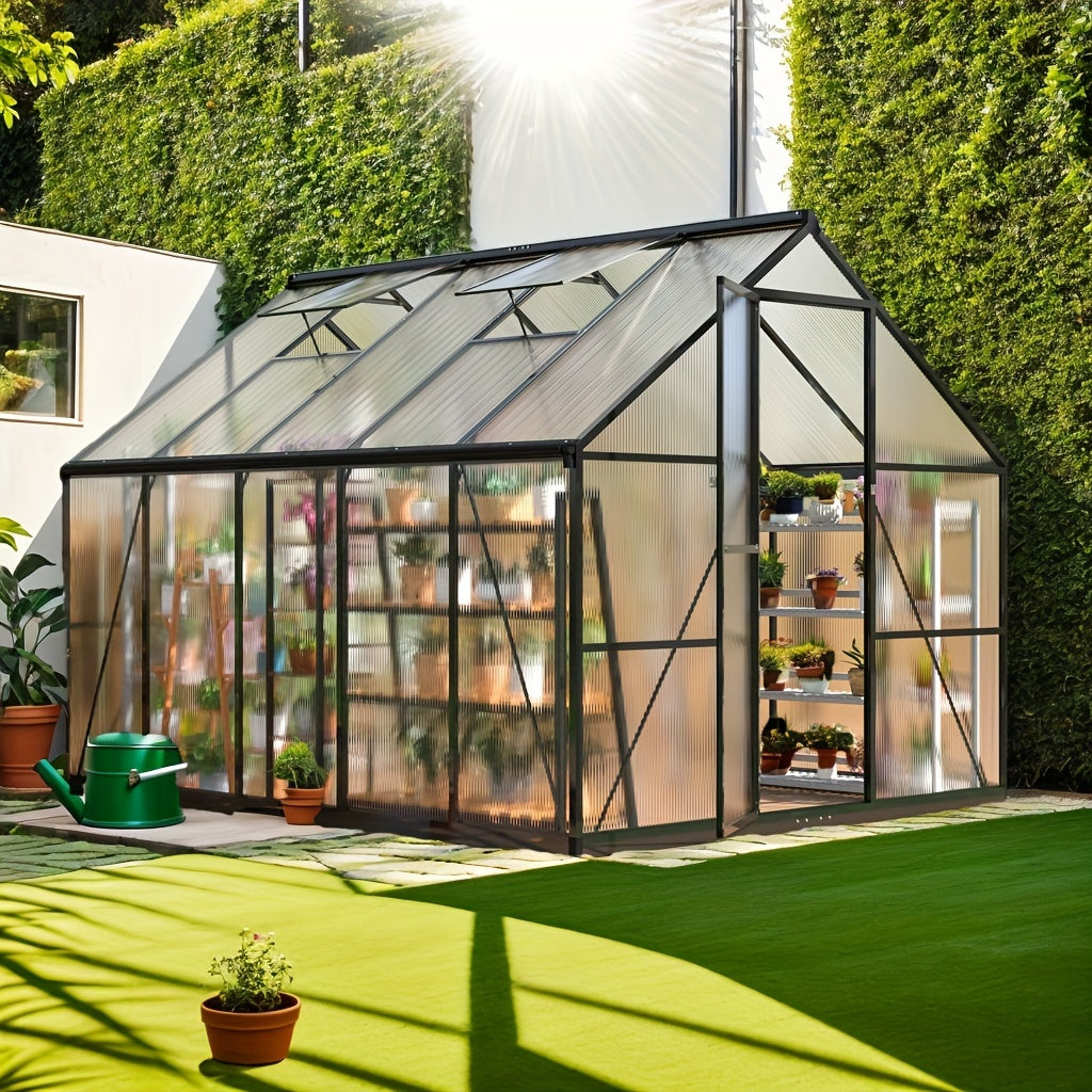 AirWire Heavy-Duty Walk-In Greenhouse with UV-Resistant Polycarbonate Panels & Large Black Aluminum Frame - Easy Assembly, Lockable Door & Roof Vent System, All-Weather Outdoor Garden Greenhouse for Backyard, Balcony, Urban F