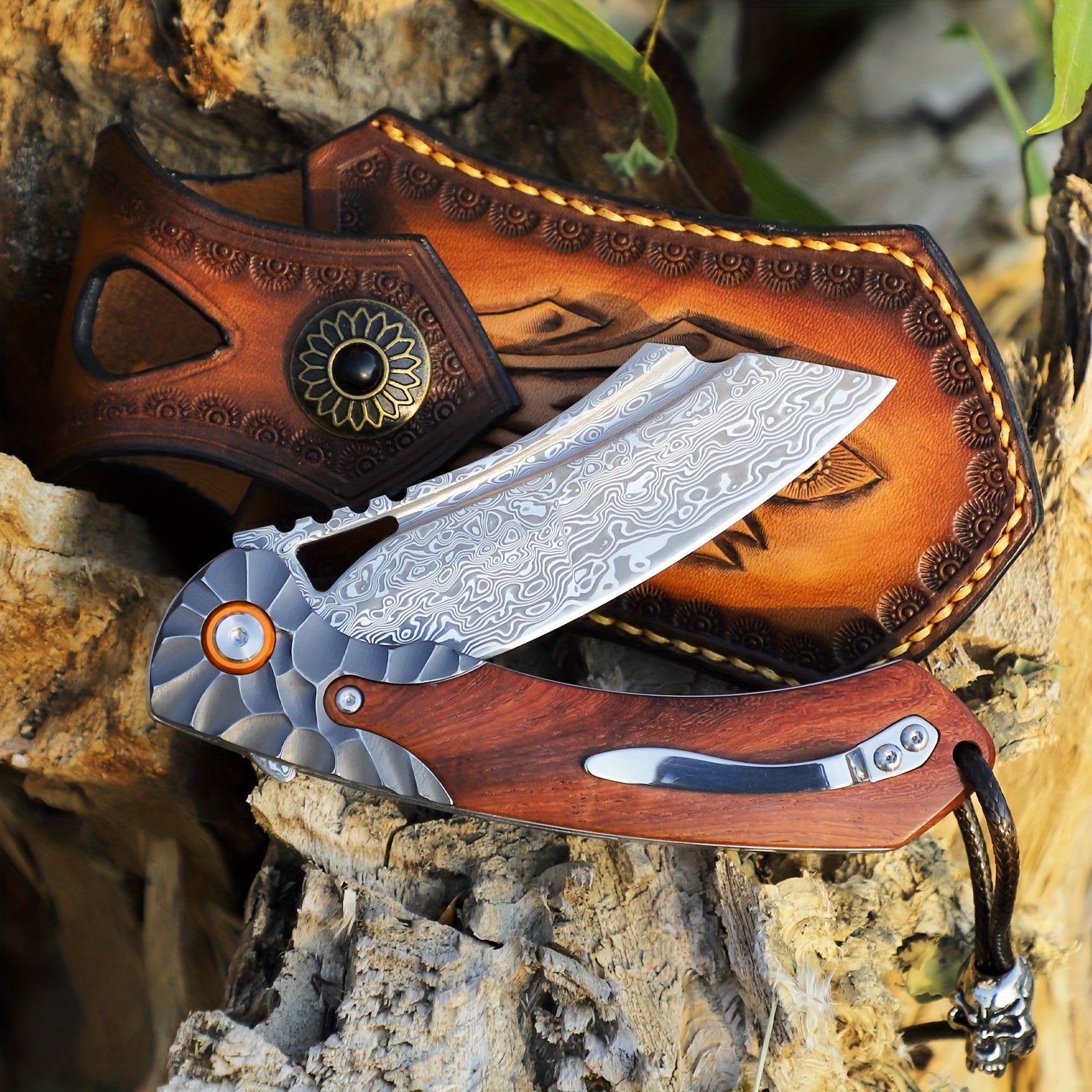 1PC High Quality Handmade Damascus Steel Folding Pocket Knife With Leather Sheath, Pocket Back Clip, Rosewood Handle, Men's EDC Pocket Knife, Outdoor Camping, Mountaineering Adventure, Traveling Fishing Tool Knife