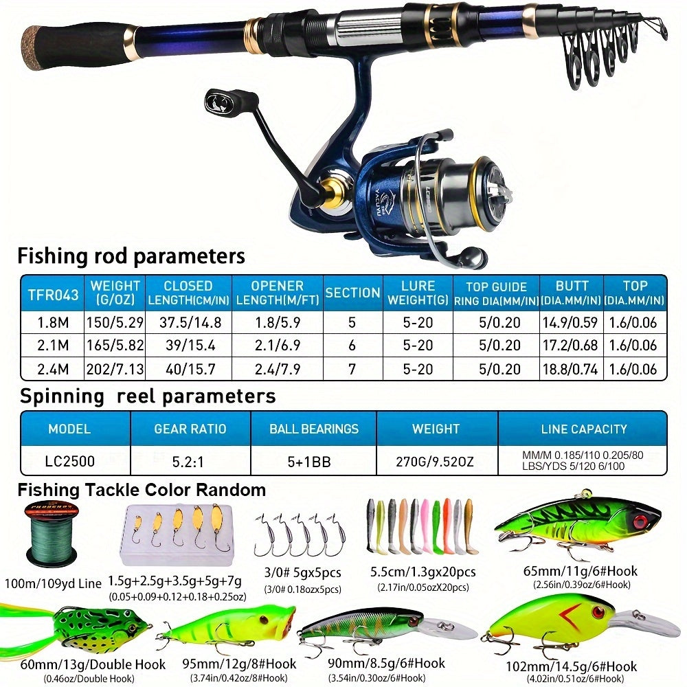 Fishing Rod and Reel Combo - Telescopic Fishing Poles and Spinning Reels Combos - Carbon Fiber Fishing Pole with 2500 Fishing Reel Combos - Bass Fishing Tackle Gear Set Fishing Rods Kit 1.8m/5.9ft