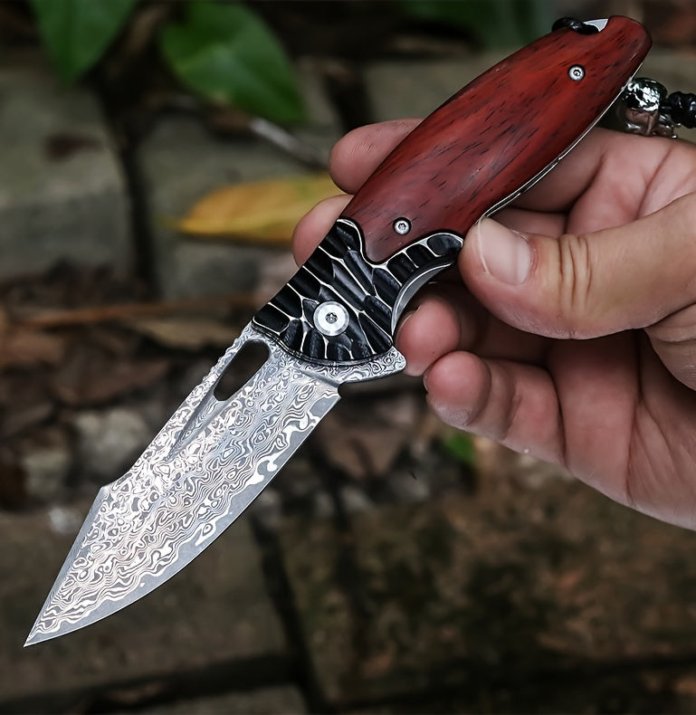 1PCS Damascus Steel Folding Pocket Knife - High-Carbon VG10 Steel Core Blade, RoseWood Handle, Leather Sheath, Compact EDC Tool for Outdoor Camping and Hiking Adventures