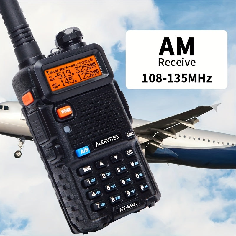 2pcs ALERVITES AT-5RX/5RX High-Power Dual-Frequency Two-Way Radio, 5W/8W Handheld Walkie-Talkie with UHF/VHF Frequencies (65-108/136-174/220-260/350-390/400-479MHz), USB/Battery Powered, LCD Display, Ergonomic Grip, Long Rang