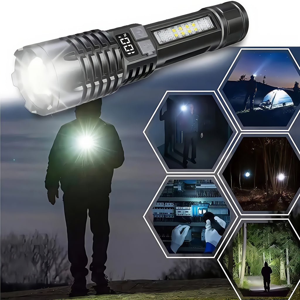 2PACKS High Lumens Rechargeable LED Flashlights Ultra-Bright Flashlights 5 Modes with COB Light Tactical Accessories Zoom-able Torch Handheld Digital Display Flashlight for Outdoor Fishing Survival Hunting Camping Gear And Eq
