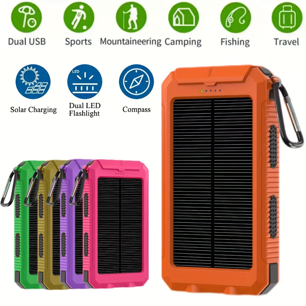 10000mAh/20000mAh Solar Powered Power Bank with Flashlight/USB/Type-C/Micro Interface/compass for Mobile Digital Electronics Devices, Durable and Long-lasting, Travel Camping, LED Flashlight, Hiking Buckle. The Best Gift for