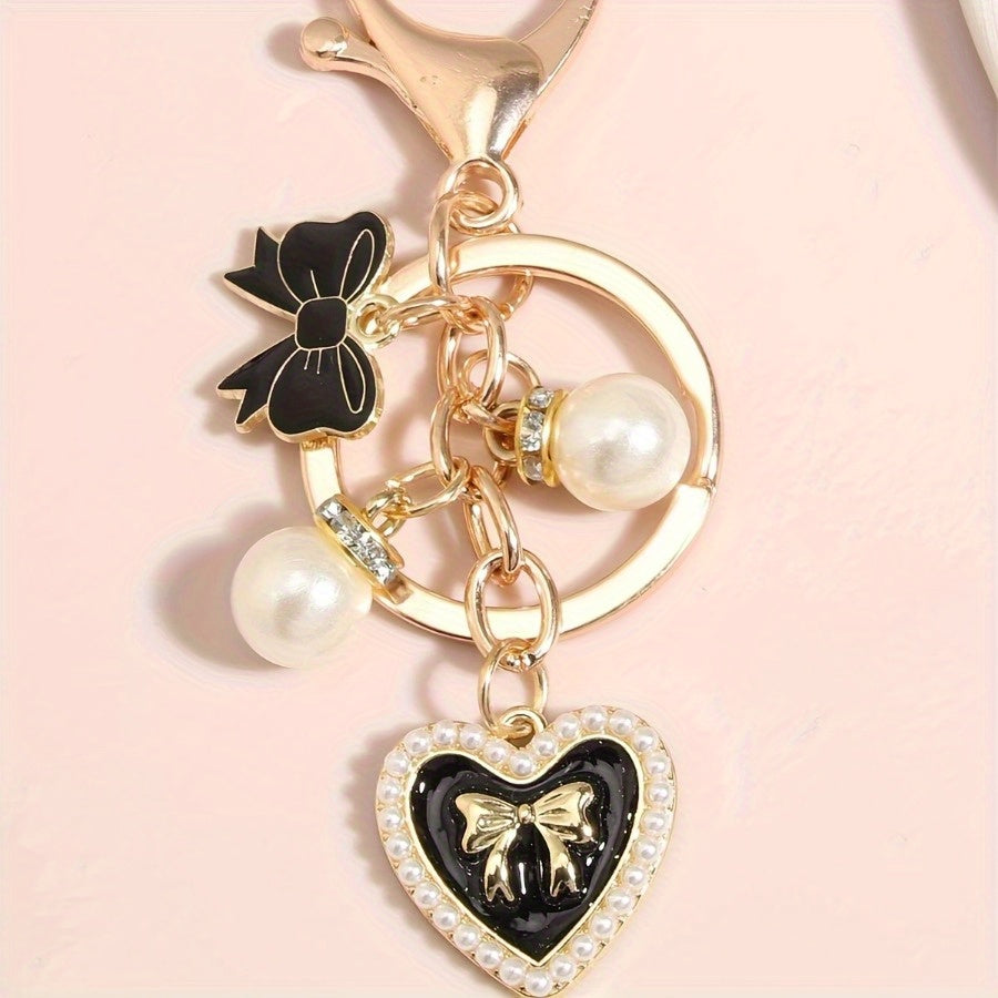 Y2K Butterfly Keychain with, Faux Pearls & Crystal Heart Charm - Golden-Tone Lobster Clasp Key Ring for Bags, Backpacks, Car Accessories, Bag Charm, Heart And Bow Design, Decorative Charms