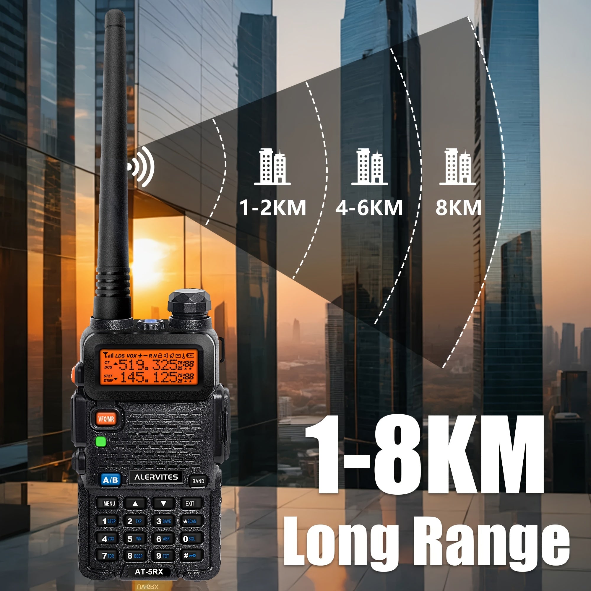 2pcs ALERVITES AT-5RX/5RX High-Power Dual-Frequency Two-Way Radio, 5W/8W Handheld Walkie-Talkie with UHF/VHF Frequencies (65-108/136-174/220-260/350-390/400-479MHz), USB/Battery Powered, LCD Display, Ergonomic Grip, Long Rang
