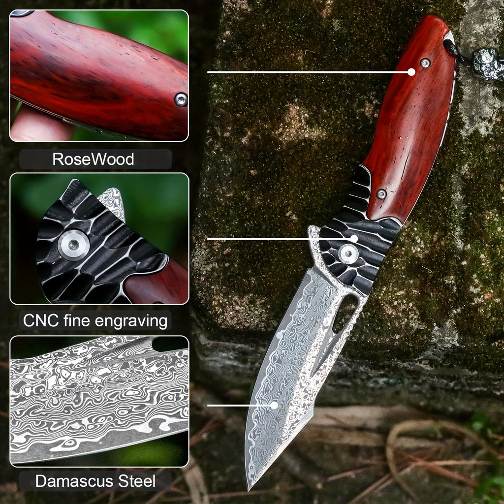 1PCS Damascus Steel Folding Pocket Knife - High-Carbon VG10 Steel Core Blade, RoseWood Handle, Leather Sheath, Compact EDC Tool for Outdoor Camping and Hiking Adventures