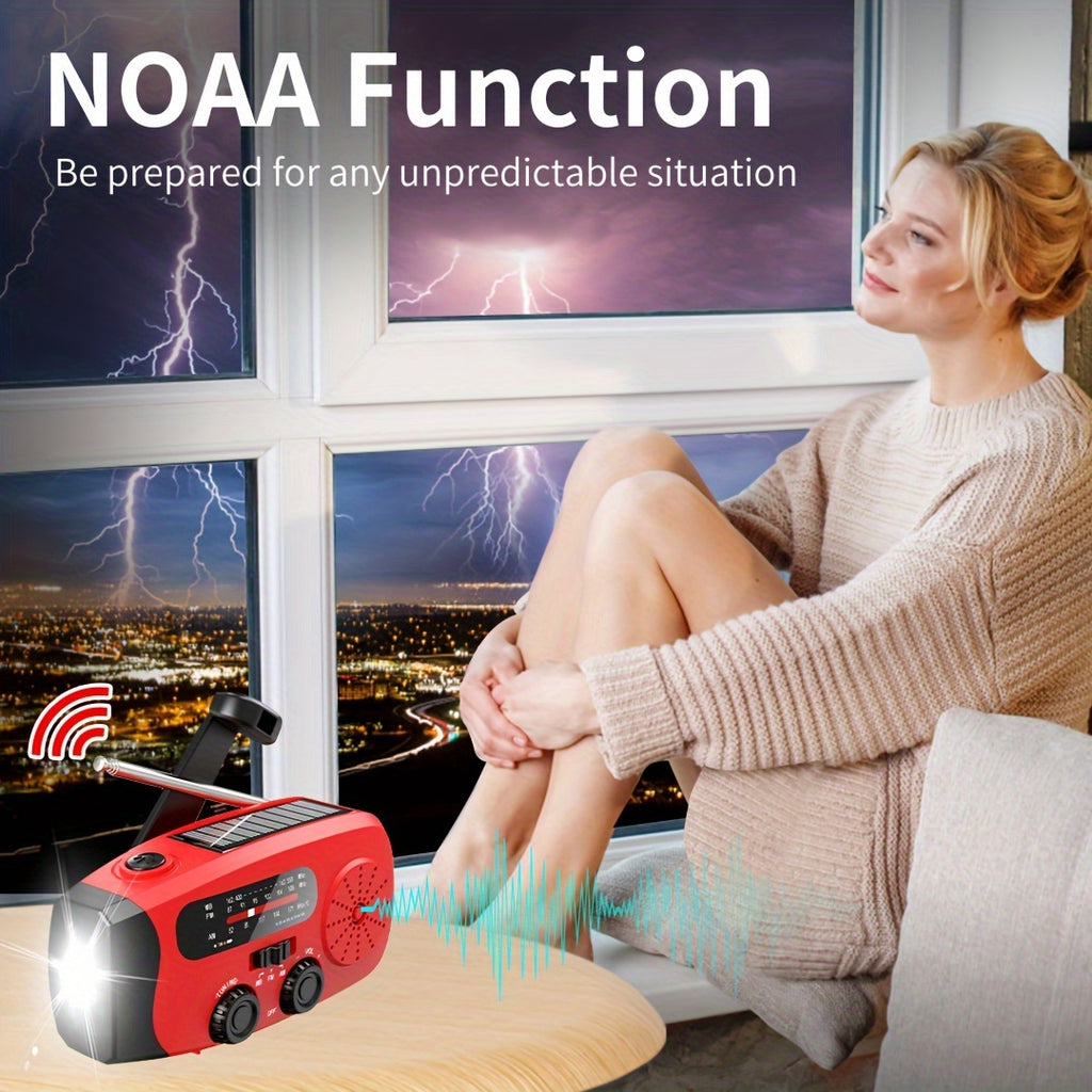 Emergency Radio: Solar-Powered, Power Bank, Hand Crank, AM/FM NOAA Portable Weather Radio, 2000 MAh Mobile Power, USB Charging, Solar, With LED Flashlight, Hurricane, Survival Gear