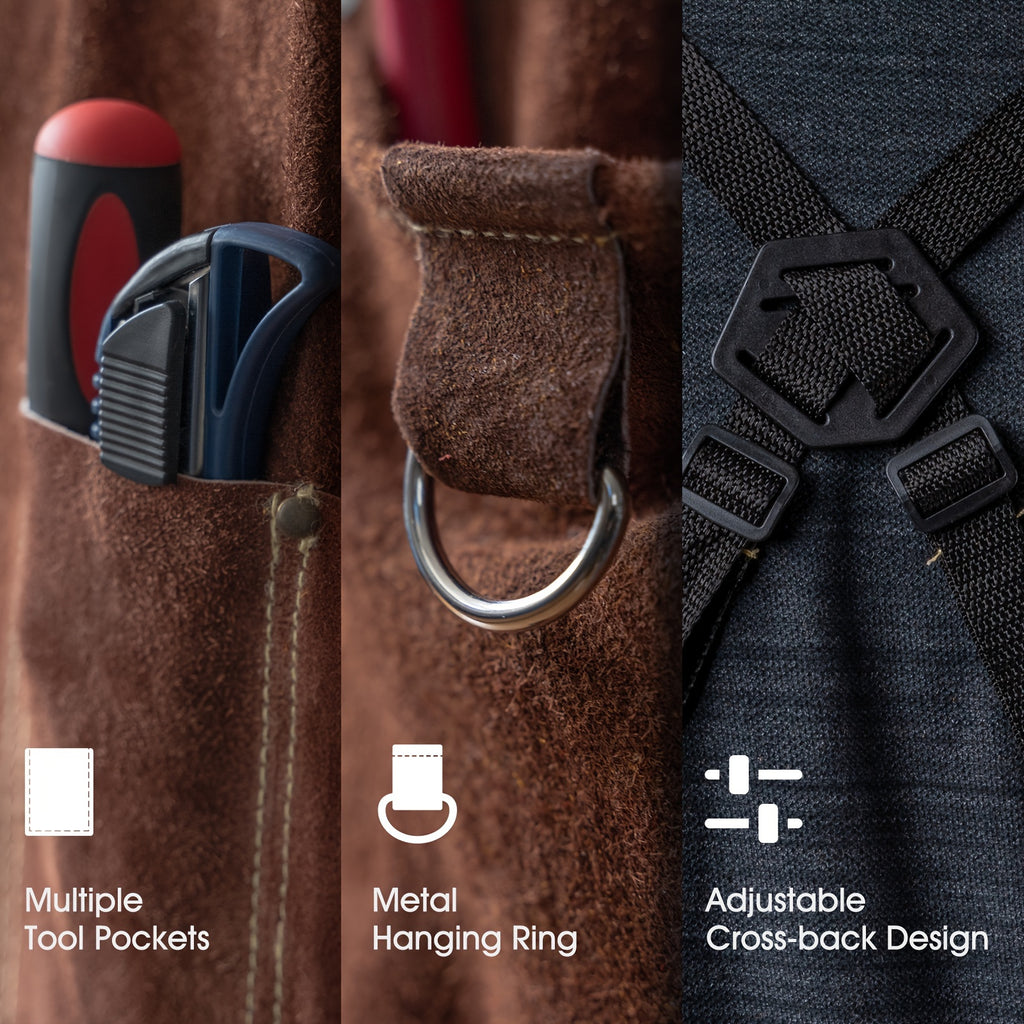 YESWELDER Leather Welding Work Shop Apron With 6 Pockets Heat Flame Resistant Cowhide Welder Apron Heavy Duty Blacksmith Aprons Adjustable For Welders Men Women Length 41"