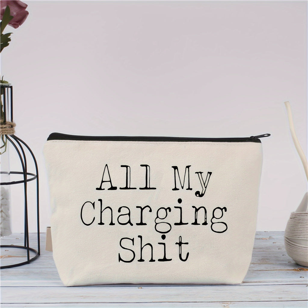 Funny 'All My Charging Sh*t' Canvas Zipper Pouch - Cord Organizer for Electronics & Phones, Non-Waterproof