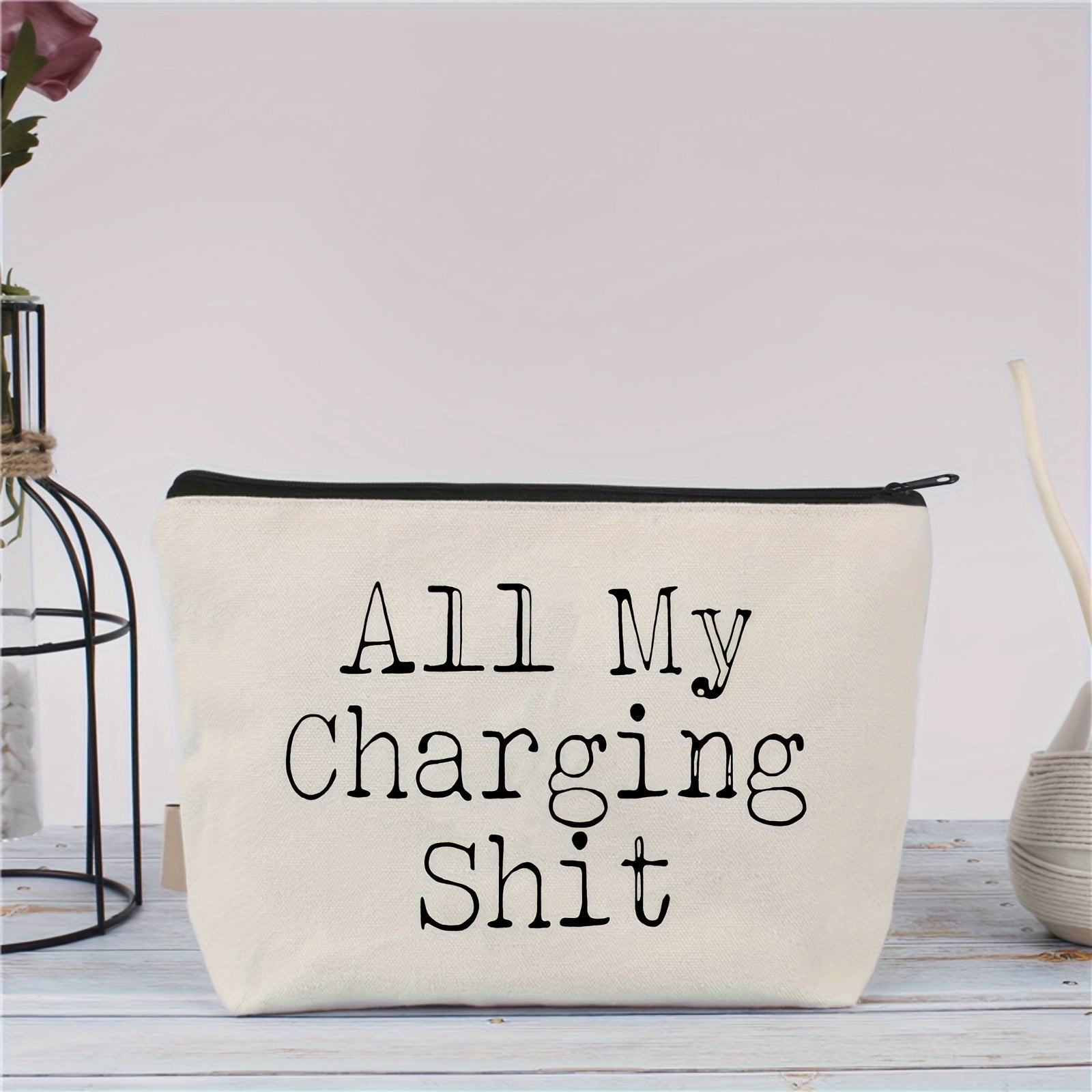 Funny 'All My Charging Sh*t' Canvas Zipper Pouch - Cord Organizer for Electronics & Phones, Non-Waterproof