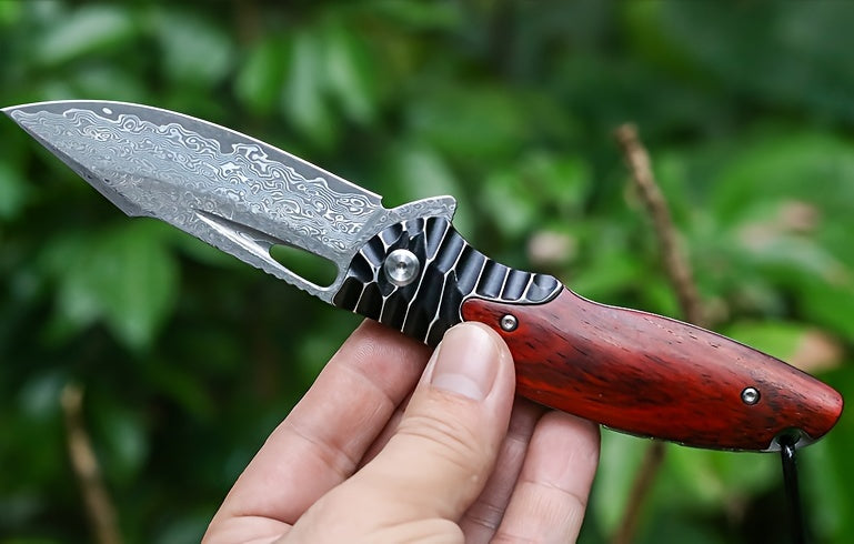 1PCS Damascus Steel Folding Pocket Knife - High-Carbon VG10 Steel Core Blade, RoseWood Handle, Leather Sheath, Compact EDC Tool for Outdoor Camping and Hiking Adventures