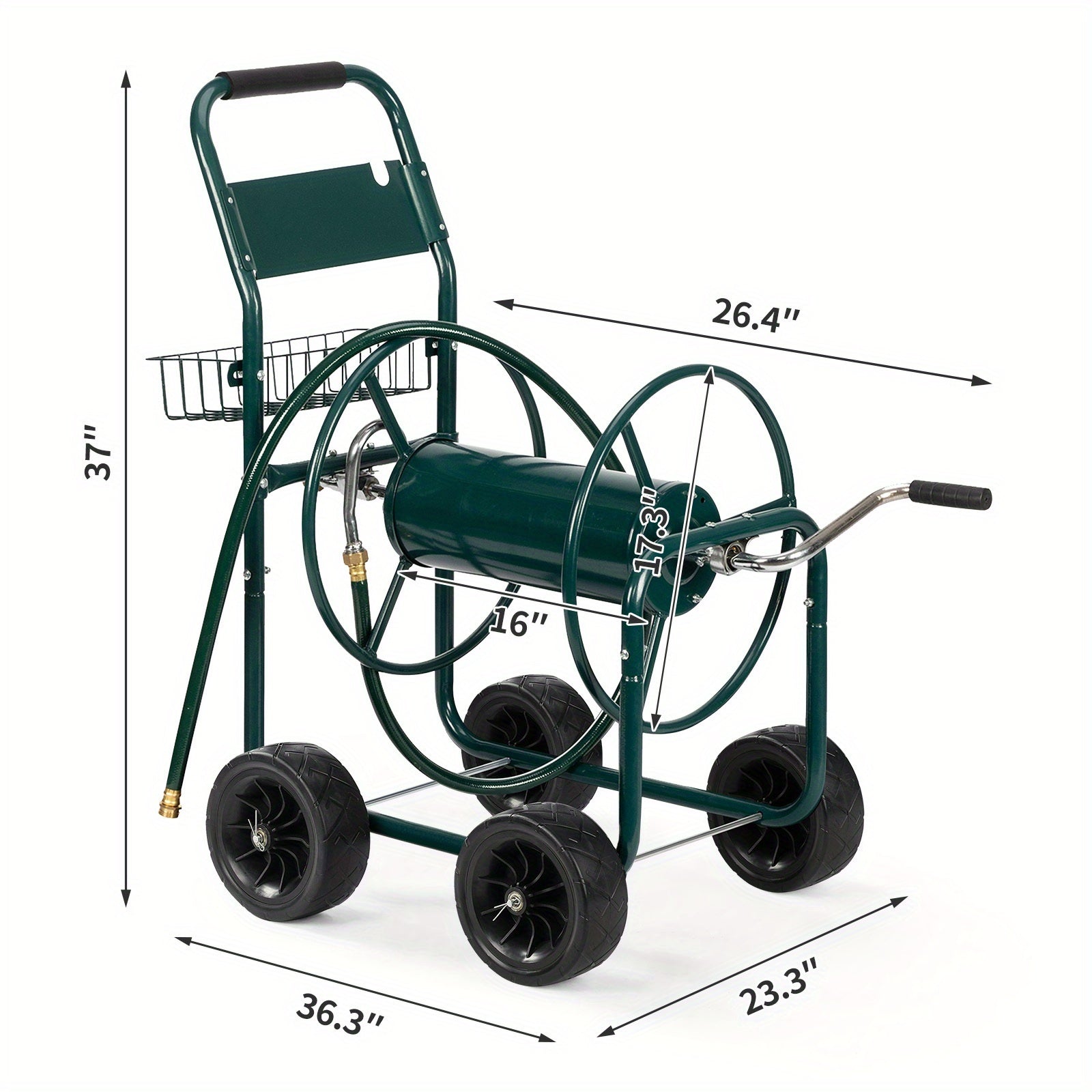 Bonnlo Hose Reel Cart, 4-Wheel Portable, Residential and Durable, Hose Guide System with Storage Basket, Rust Resistant, for Yard, Garden and Farm, Green