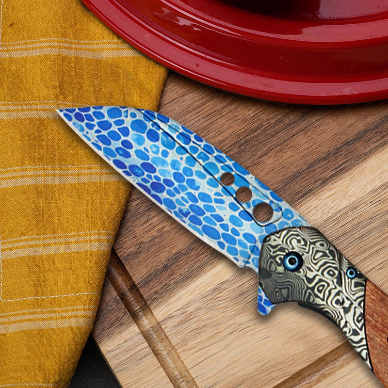 Blue Patterned Wood Damascus Pocket Knife with Clip, Camping, Carving, Fishing, Hiking