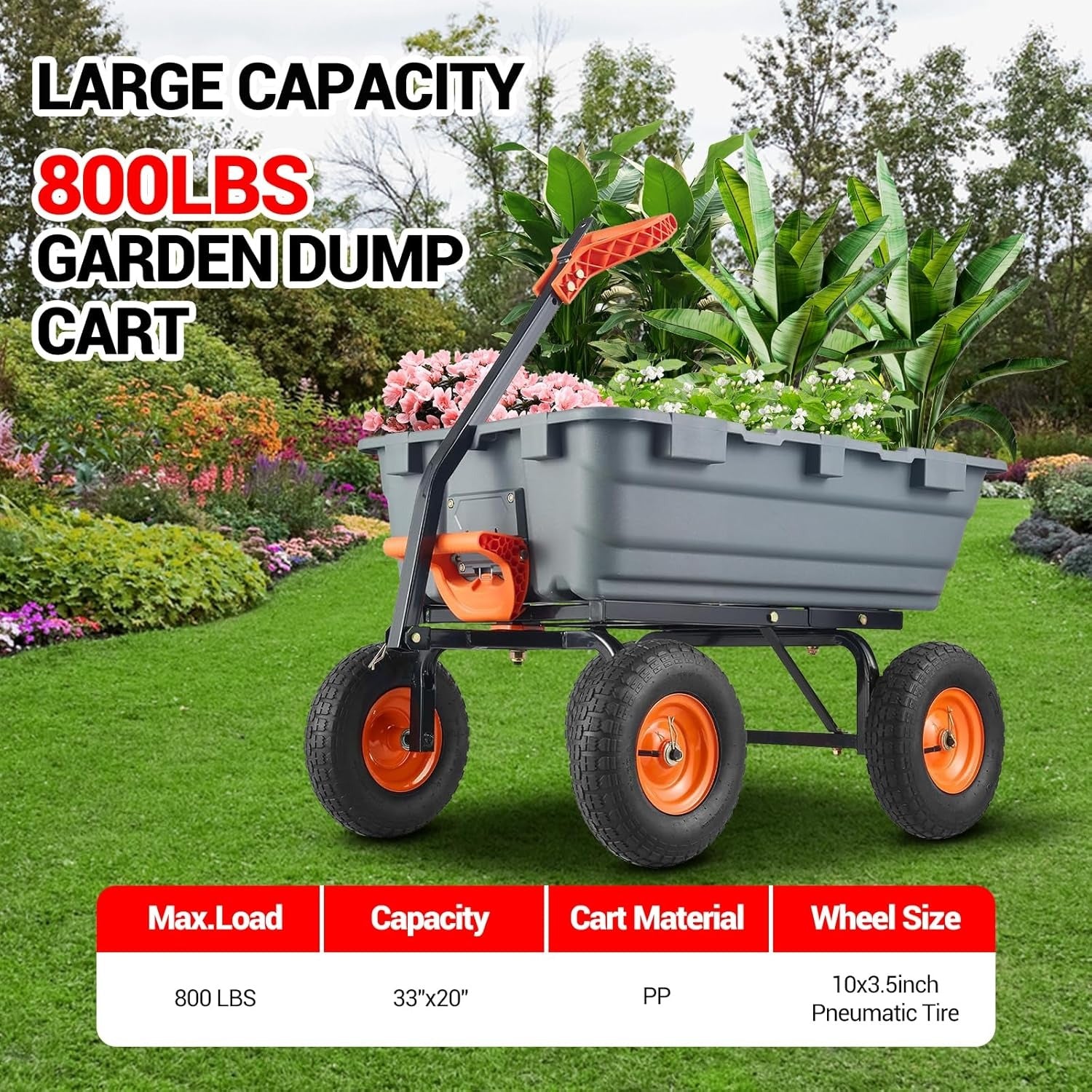 800 Lbs Heavy Duty Garden Dump Cart with Steel Frame & 10" All-Terrain Tires - 4-Wheel Manual Yard Cart, 180° Rotating Handle & Quick-Release System for Soil, Sand, Plants, Mulch, Gravel - Ideal for Farm, Beach, Courtyard Us