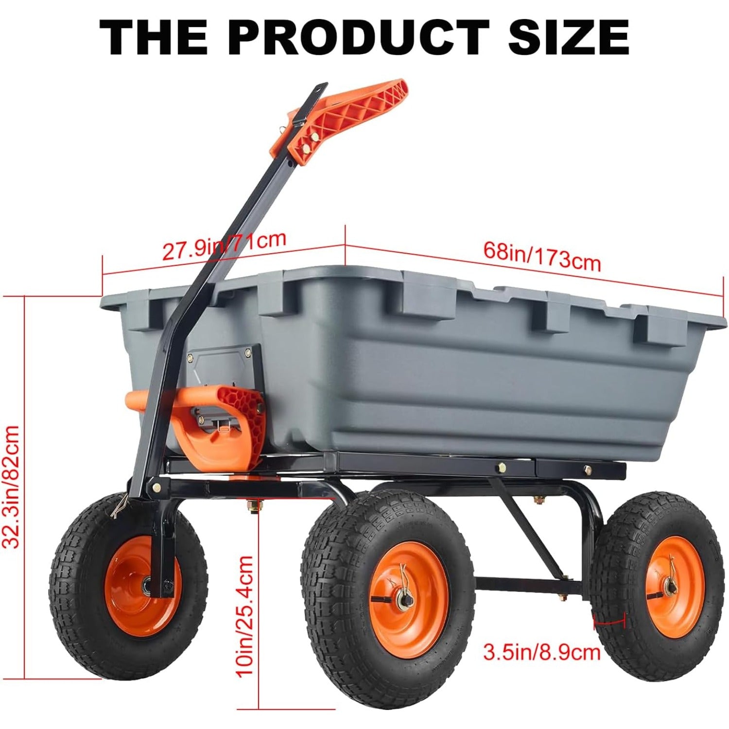800 Lbs Heavy Duty Garden Dump Cart with Steel Frame & 10" All-Terrain Tires - 4-Wheel Manual Yard Cart, 180° Rotating Handle & Quick-Release System for Soil, Sand, Plants, Mulch, Gravel - Ideal for Farm, Beach, Courtyard Us