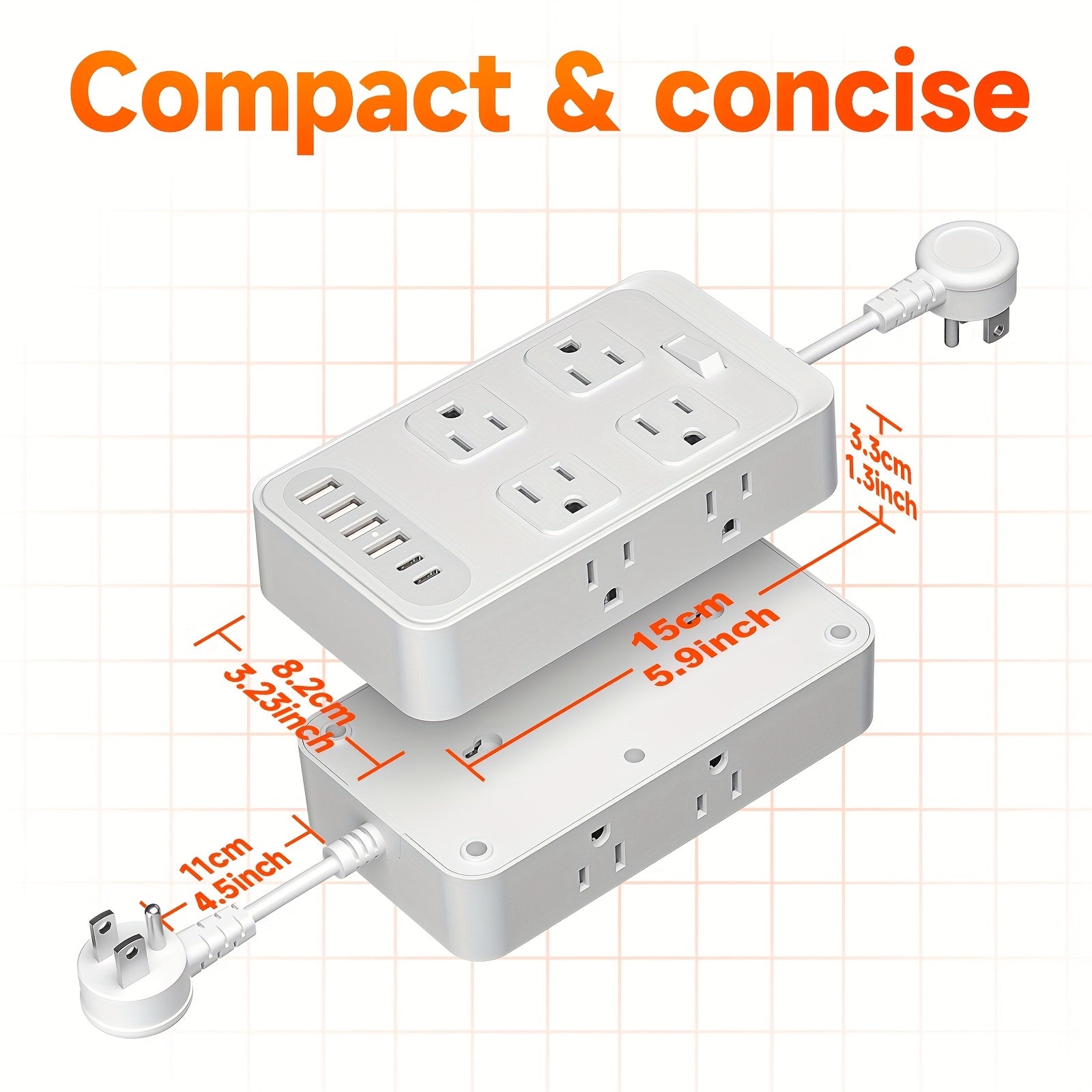 Compact Surge Protector Power Strip with 8 AC Outlets & 6 USB Ports (4 USB A & 2 USB C), 3-Inch Short Extension Cord, 45° Right Angle Flat Head Design for Home, Office, Dorm, and Travel, Dorm Room Organizer | Modern Tech Acc