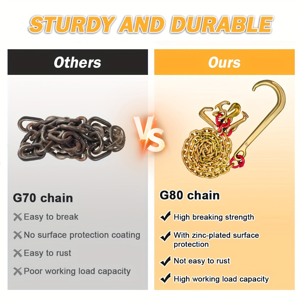 Heavy-Duty 5/16in x 6ft G80 Car Rescue J Hooks Towing Chain - Grab Hooks with 4700lbs WLL, 15in J-Hook, RTJ, Grab & Safety Hook, 5-in-1 V-Bridle Tow Chain for Truck, Farm, Motor Vehicle, Trailer Safety and Recovery