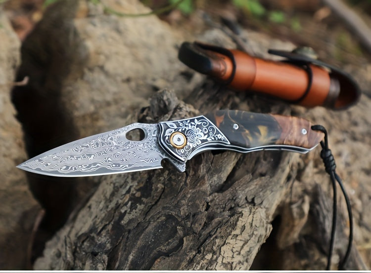 Elite Damascus Steel Pocket Knife - High-Carbon, Razor-Sharp, Ergonomic Maple Handle, Premium Sheath, Ultimate Camping, Survival, Mountaineering, Hiking, Fishing, EDC Companion for Men and Women