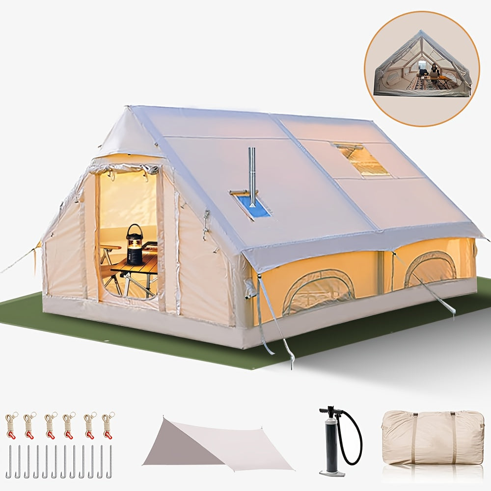 8-10 Person Inflatable Camping Tents, 129 SqFt Large Air Tent, Winter Blow Up Tent with Stove Pipe Port, 4-Season Glamping Tent with Large Mesh Windows& Zipper Closure, for Couples, Group And Family