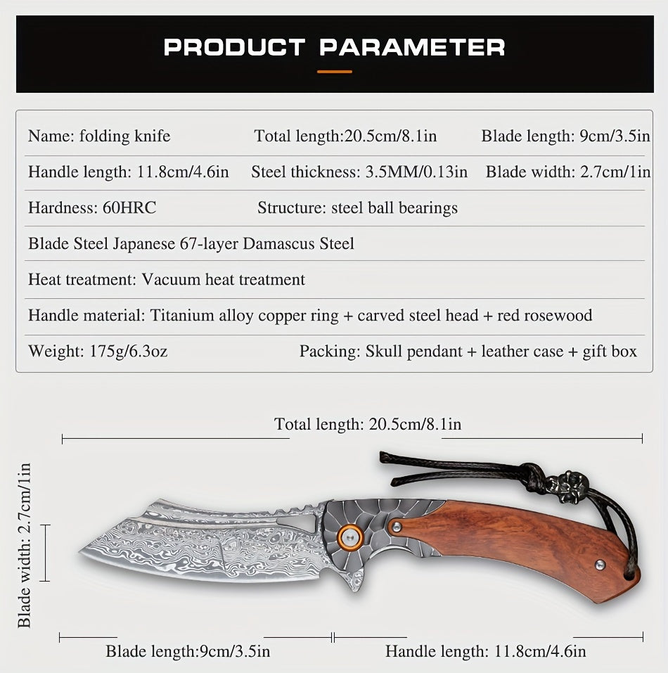 1PC Handmade High Quality Damascus Steel Pocket Knife, High Hardness Sharp Blade, Men's Folding Knife With Leather Sheath, Liner Lock, Red Sourwood Handle, Pocket Clip, EDC Outdoor Camping, Mountaineering Travel Carrying Tool