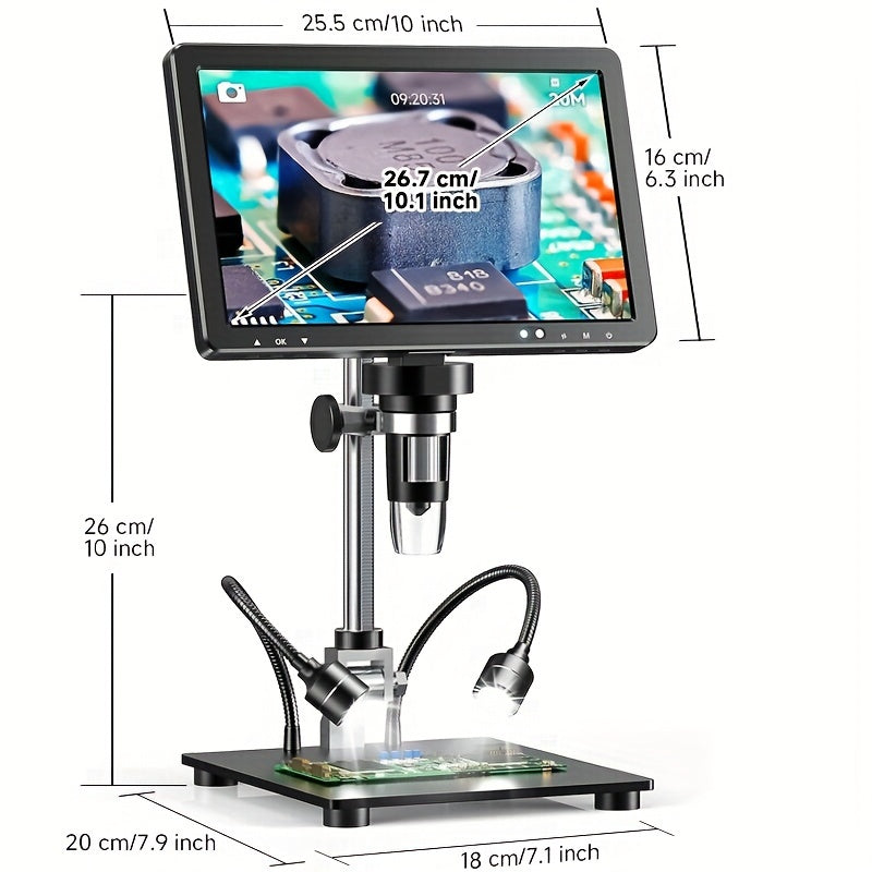 10.1'' Digital Microscope, 2000X Coin Microscope With IPS Screen, 20MP Soldering Microscope For Electronics With 10.4'' Longer Stand, PC View
