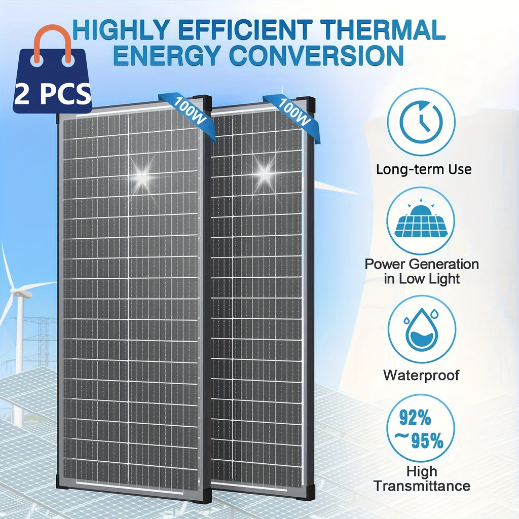 2pcs Double-sided 100W Solar Panels 12V High-efficiency Monocrystalline Double-sided Solar Panels with Busbar Hidden and Waterproof Technology, Ideal for RV, Vehicle, Home Farm Battery Charging, Camping, Outdoor Hiking and Ot