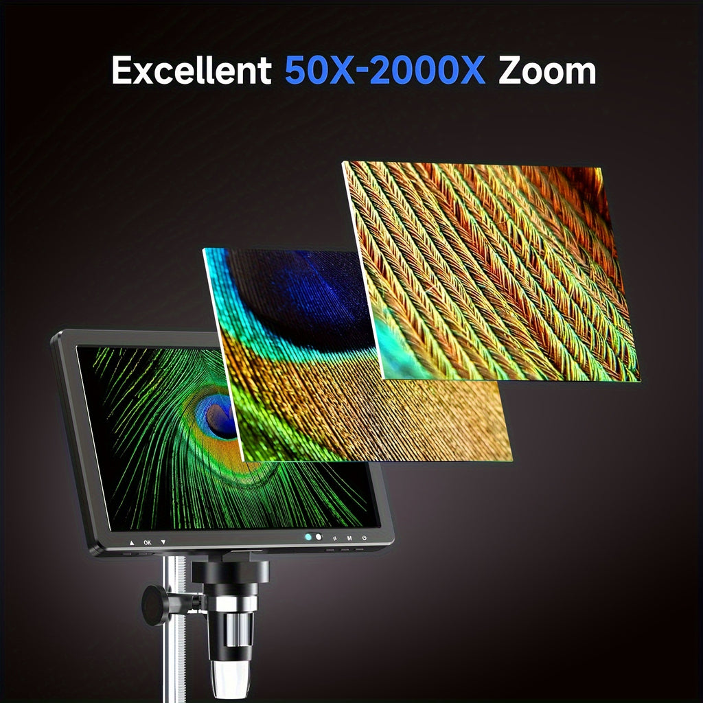 10.1'' Digital Microscope, 2000X Coin Microscope With IPS Screen, 20MP Soldering Microscope For Electronics With 10.4'' Longer Stand, PC View