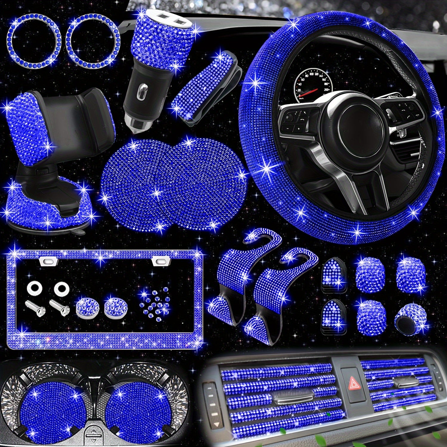 27pcs Bling Car Accessories Set for Women, Bling Steering Wheel Covers Universal Fit 15 Inch, Bling License Plate Frame, Bling Car Phone Holder, Bling Car Coasters, Bling Car Fast Charger, Bling Valve Caps