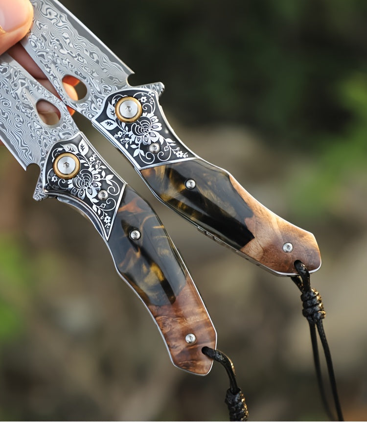 Elite Damascus Steel Pocket Knife - High-Carbon, Razor-Sharp, Ergonomic Maple Handle, Premium Sheath, Ultimate Camping, Survival, Mountaineering, Hiking, Fishing, EDC Companion for Men and Women