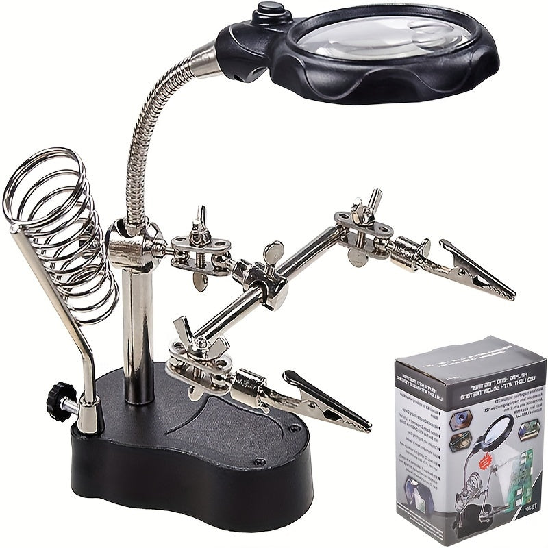 Professional Electronic Inspection & Repair Station with Built-in Lighted Magnifying Glass - Heavy-Duty Adjustable Folding Stand, Ergonomic Base, Battery-Powered (Low Voltage) - for Electronics Repair, Watchmaking, Jewelry, M
