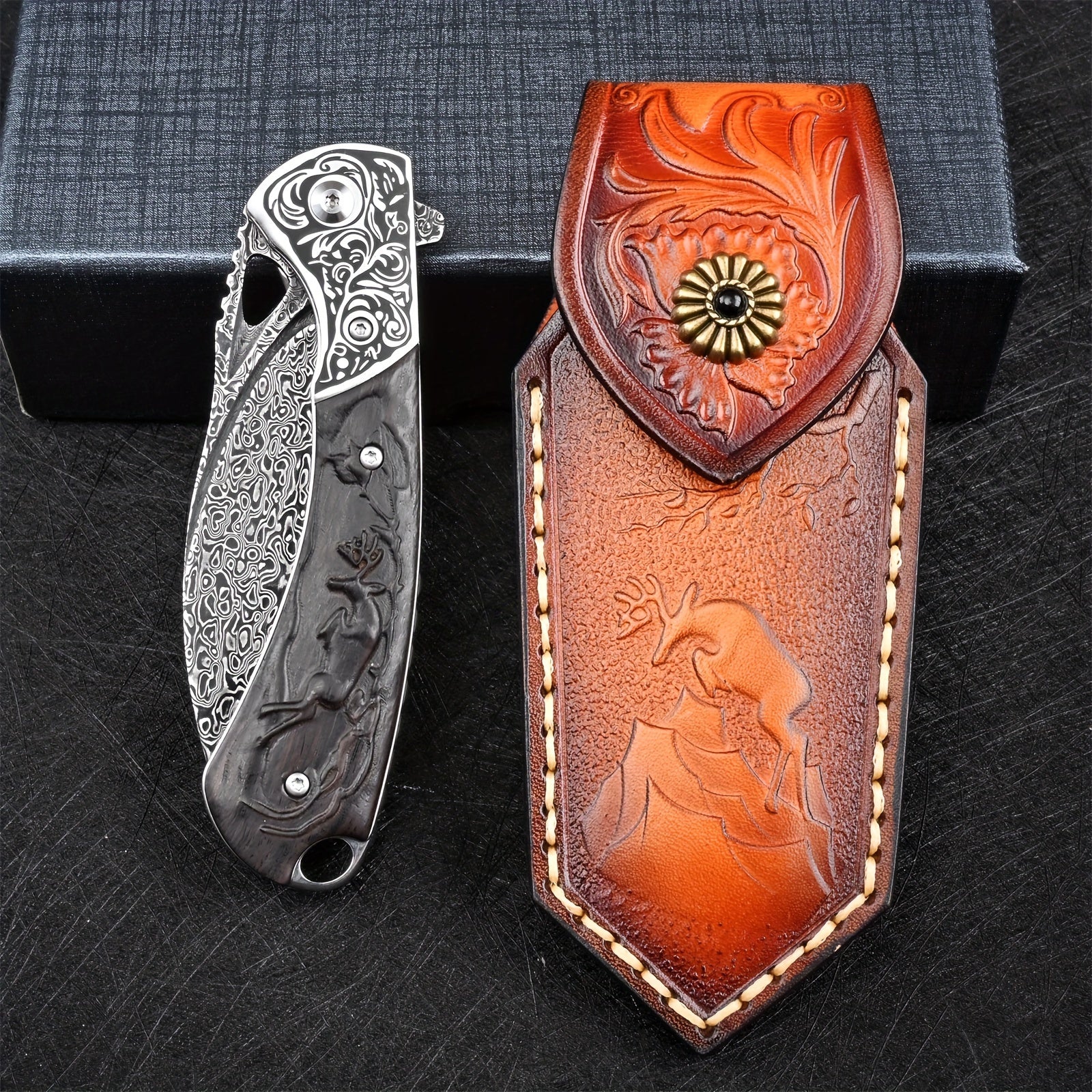 Knives Flipper Folding Damascus Steel Pocket Knife For Men With Leather Cover Outdoor Camping Survival Gear