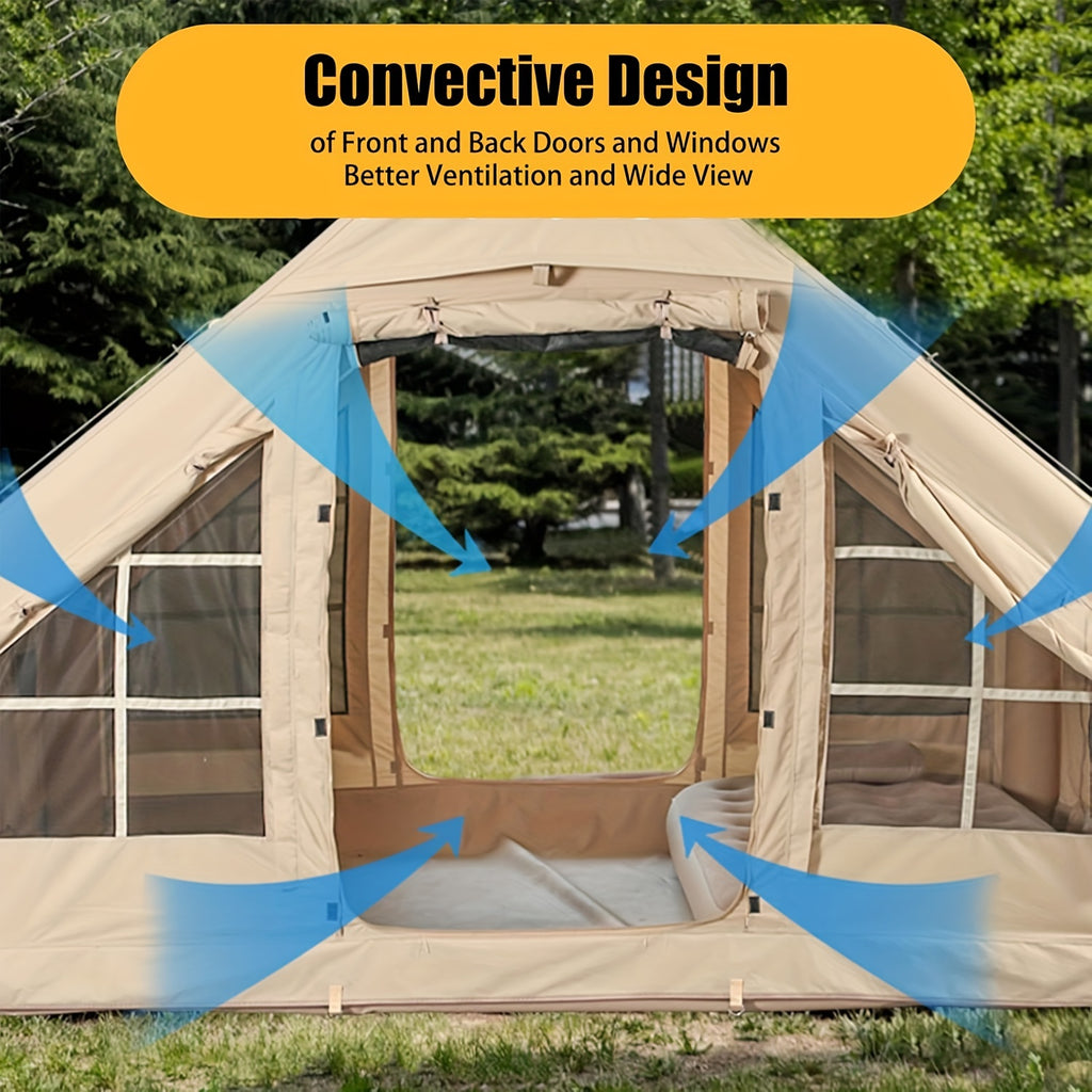 Inflatable Camping Tents With Hand Pump, Air Glamping Tents, Easy Setup Waterproofand Windproof Blow Up Tent, 4 Seasons Oxford Cabin Tent With Mesh & ChimneyWindow.