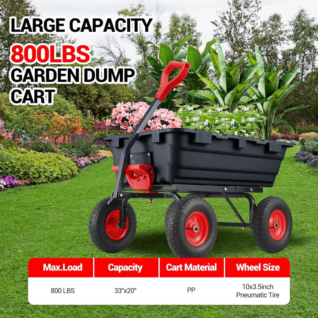 800 Lbs Heavy Duty Garden Dump Cart with Steel Frame & 10" All-Terrain Tires - 4-Wheel Manual Yard Cart, 180° Rotating Handle & Quick-Release System for Soil, Sand, Plants, Mulch, Gravel - Ideal for Farm, Beach, Courtyard Us