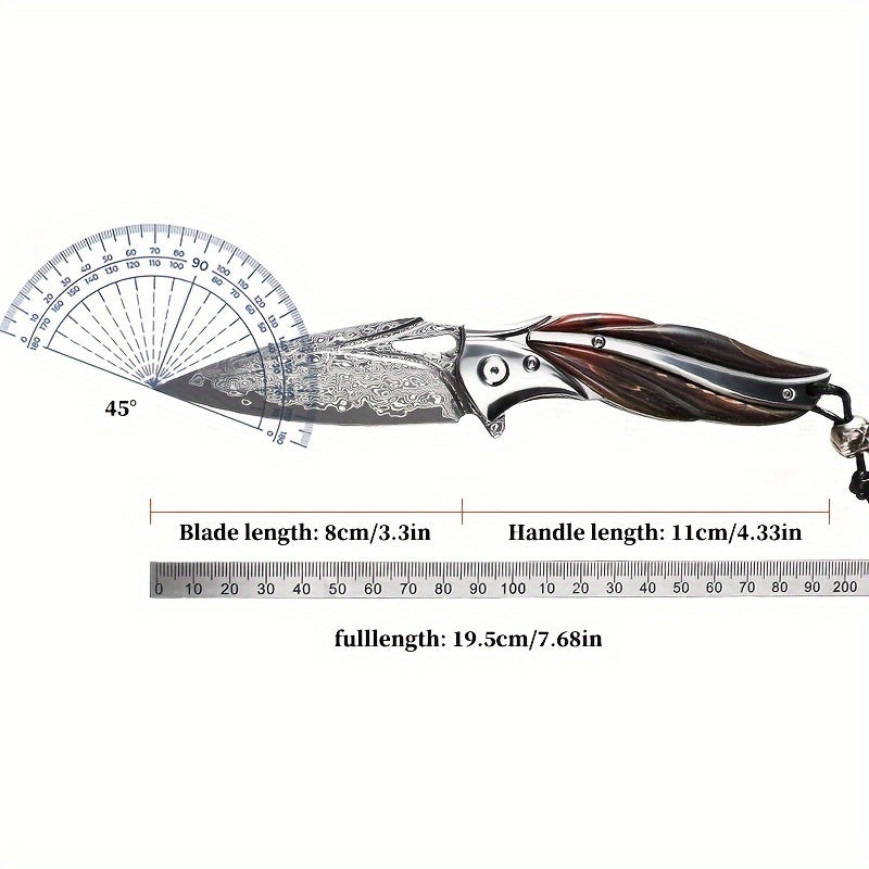 1 Piece, Damascus Steel Folding Pocket Knife, Premium Quality High Hardness Knife With Leather Sheath, Stabilized Cured Wood Handle, EDC Camping And Fishing Knife, Great For Adventure, Outdoor Hiking Tools, Men's Folding Knif