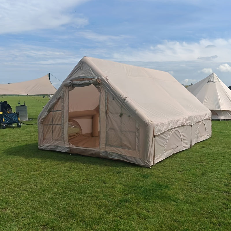 Inflatable Camping Tents With Hand Pump, Air Glamping Tents, Easy Setup Waterproofand Windproof Blow Up Tent, 4 Seasons Oxford Cabin Tent With Mesh & Chimney Window