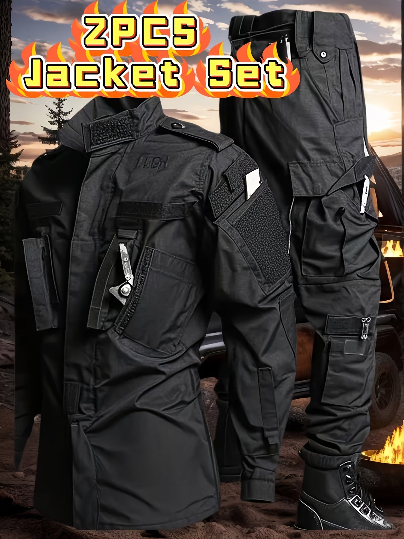 2-Pack Men'S Tactical Cargo Pants & Outdoor Jacket Set - Durable, Lightweight Ripstop Fabric, Slim Fit with Multiple Pockets for Hunting, Training, Hiking, Camping - All-Season Comfort, Hunting Gear, Camping Attire, Sporty St