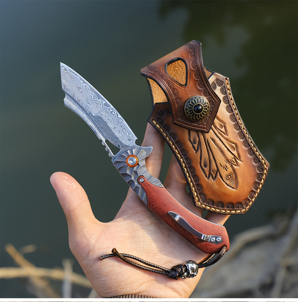 1PC High Quality Handmade Damascus Steel Folding Pocket Knife With Leather Sheath, Pocket Back Clip, Rosewood Handle, Men's EDC Pocket Knife, Outdoor Camping, Mountaineering Adventure, Traveling Fishing Tool Knife
