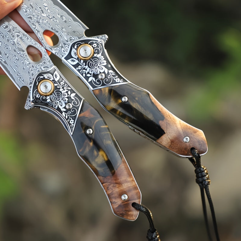 Elite Damascus Steel Pocket Knife - High-Carbon, Razor-Sharp, Ergonomic Maple Handle, Premium Sheath, Ultimate Camping, Survival, Mountaineering, Hiking, Fishing, EDC Companion for Men and Women