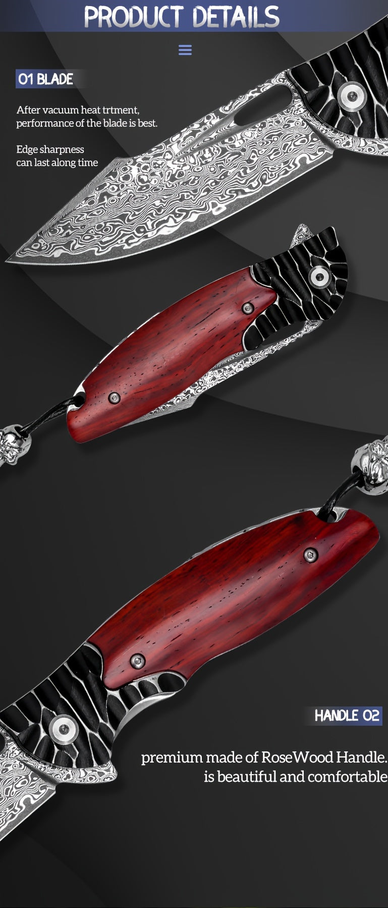 1PCS Damascus Steel Folding Pocket Knife - High-Carbon VG10 Steel Core Blade, RoseWood Handle, Leather Sheath, Compact EDC Tool for Outdoor Camping and Hiking Adventures