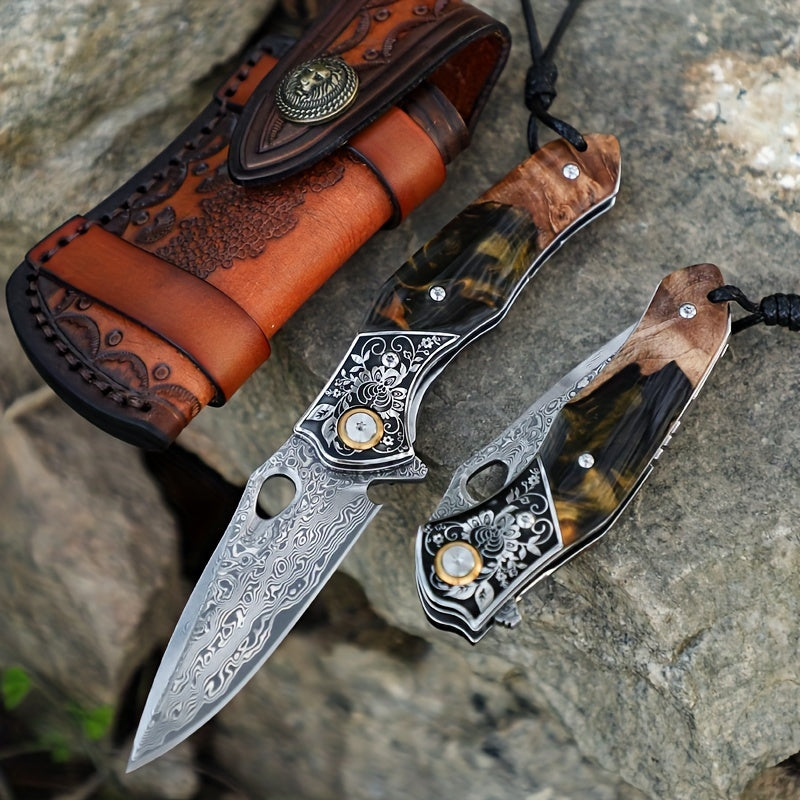 Elite Damascus Steel Pocket Knife - High-Carbon, Razor-Sharp, Ergonomic Maple Handle, Premium Sheath, Ultimate Camping, Survival, Mountaineering, Hiking, Fishing, EDC Companion for Men and Women