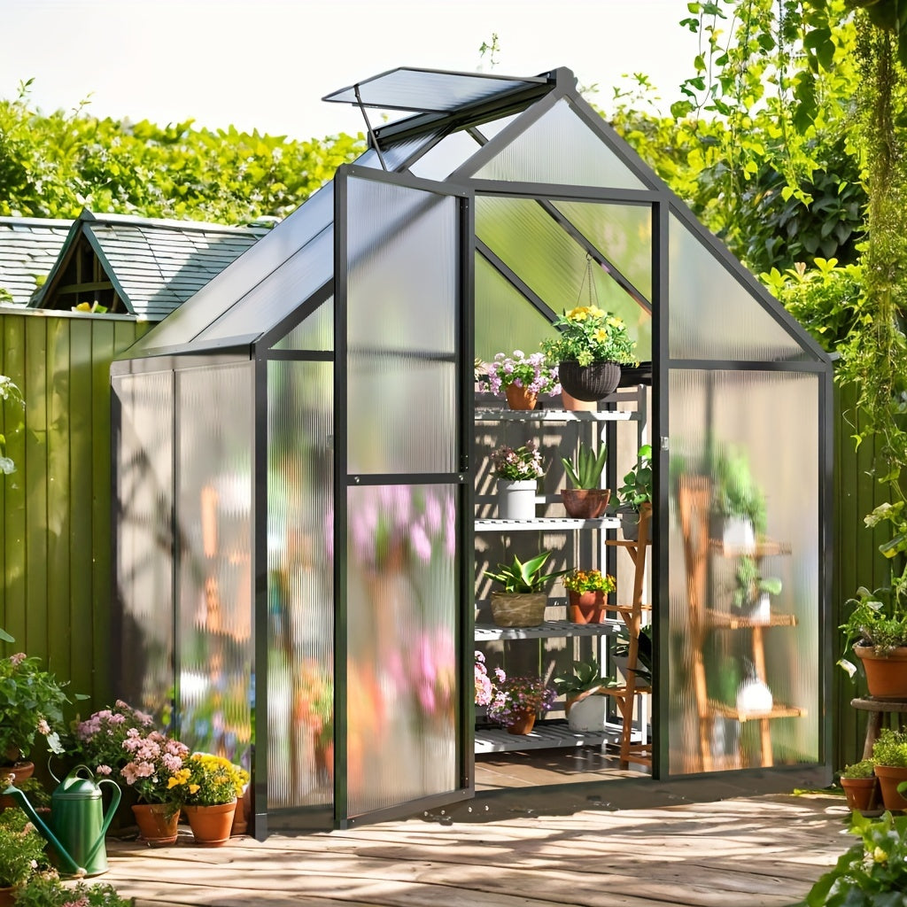 AirWire Heavy-Duty Walk-In Greenhouse with UV-Resistant Polycarbonate Panels & Large Black Aluminum Frame - Easy Assembly, Lockable Door & Roof Vent System, All-Weather Outdoor Garden Greenhouse for Backyard, Balcony, Urban F