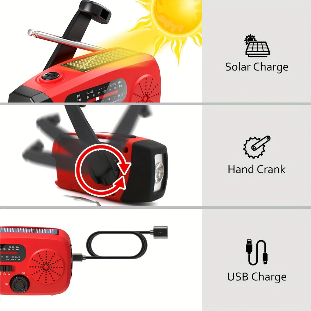 Emergency Radio: Solar-Powered, Power Bank, Hand Crank, AM/FM NOAA Portable Weather Radio, 2000 MAh Mobile Power, USB Charging, Solar, With LED Flashlight, Hurricane, Survival Gear