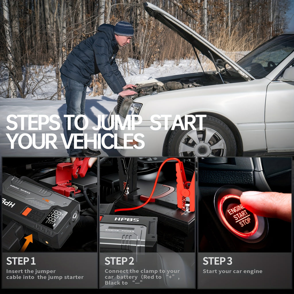 HPBS 5000A Portable Car Jump Starter with Air Compressor- 12V Battery Booster with 150 PSI Tire Inflator Air Pump for 12V Vehicles(Up to 2.11gal Gas And 1.72gal Diesel Engines), Car Jump Box with LED Light, Fast Charging USB