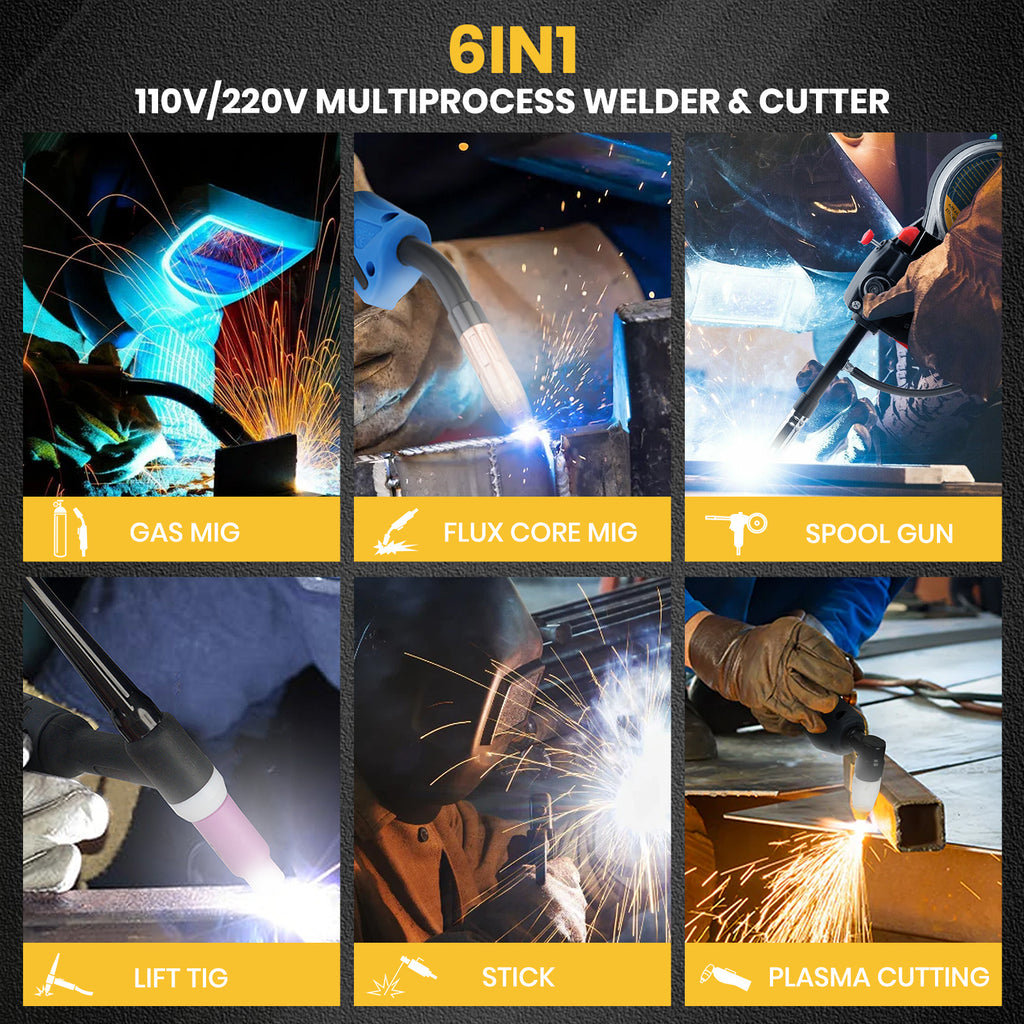 Plasma Cutter Welder MIG Welder Combo 6in1 with 65Pcs PT31 Plasma Cutting Torch Consumable, Gas MIG/Flux Core MIG/Spool Gun/Lift TIG/Stick/Plasma Cutting 110v/220v Aluminum MIG Welder Machine with Complete Welding Accessories