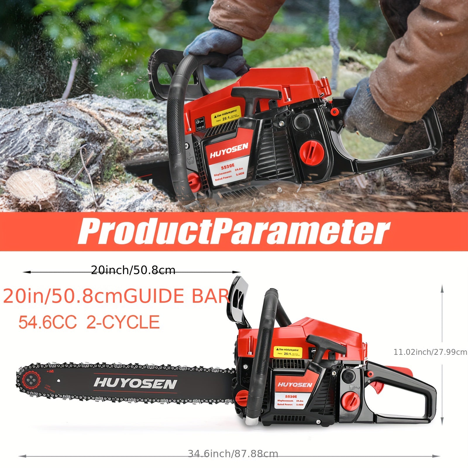 54.6cc 20-Inch Gasoline Chainsaw with 2-Stroke Engine, Automatic Lubrication & Ergonomic Handle - Heavy-Duty Metal Construction for Efficient Wood Cutting & Tree Trimming - Ideal for Outdoor Garden, Farm, Home Use - Perfect F