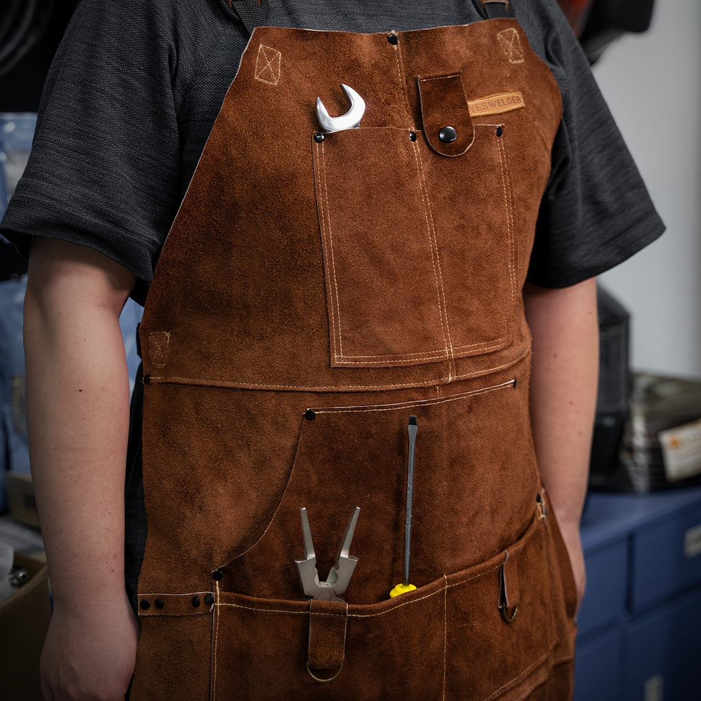 YESWELDER Leather Welding Work Shop Apron With 6 Pockets Heat Flame Resistant Cowhide Welder Apron Heavy Duty Blacksmith Aprons Adjustable For Welders Men Women Length 41"