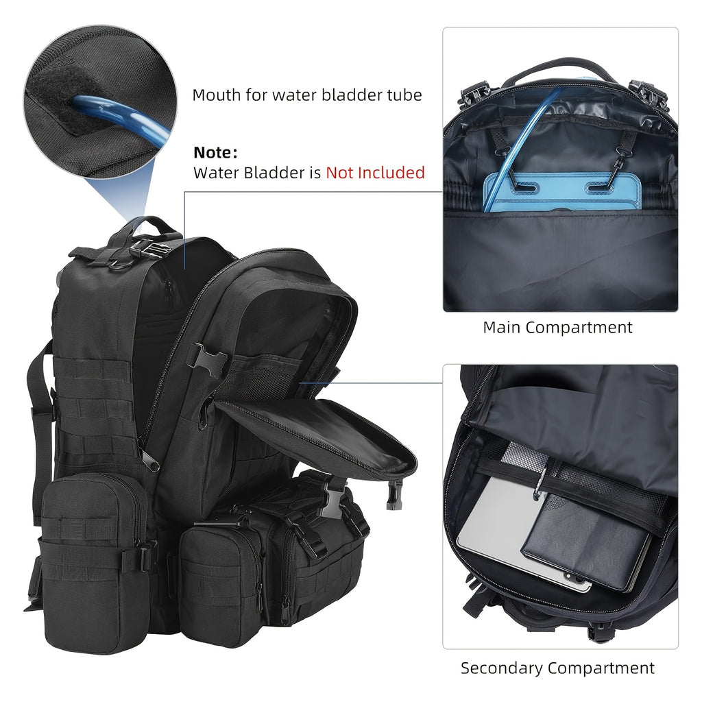 EZshoot 15.85gal Large Outdoor Backpack - High Quality & Scratch-Resistant 900D Oxford, Detachable Hydration Pouch & Crossbody Bag, MOLLE Webbing System with 8 Carabiners & 4 D-Rings, Adjustable Padded Straps for Hunting, Cam